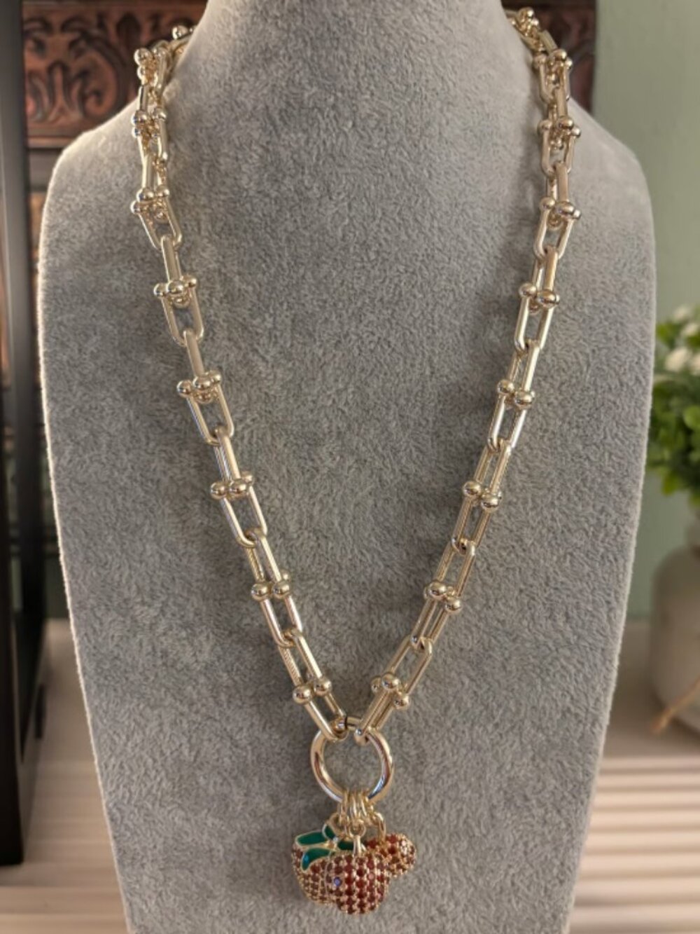 Gold Plated Horse Bit Necklace with Strawberry charms